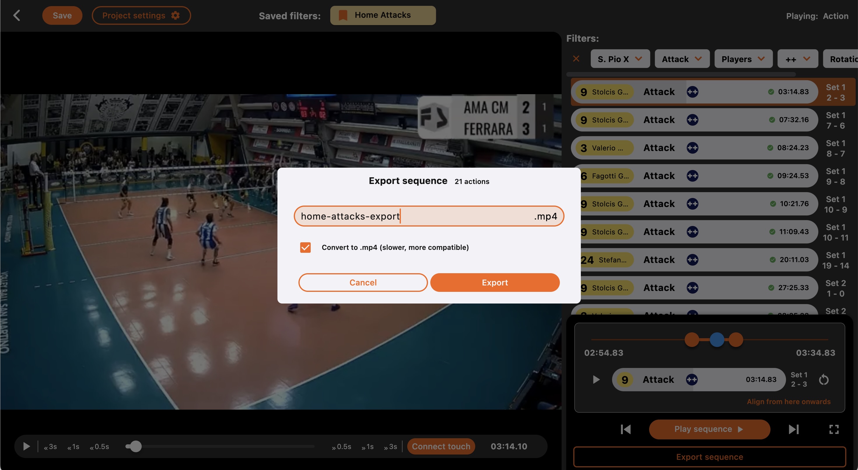 Screenshot of Volleyball Scout Video App while exporting action