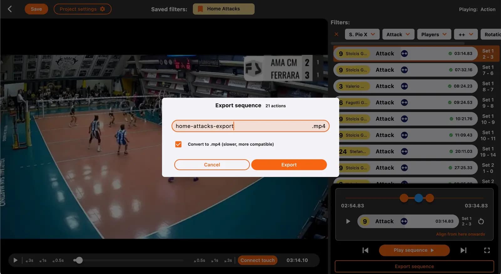 Screenshot of Volleyball Scout Video App while exporting action
