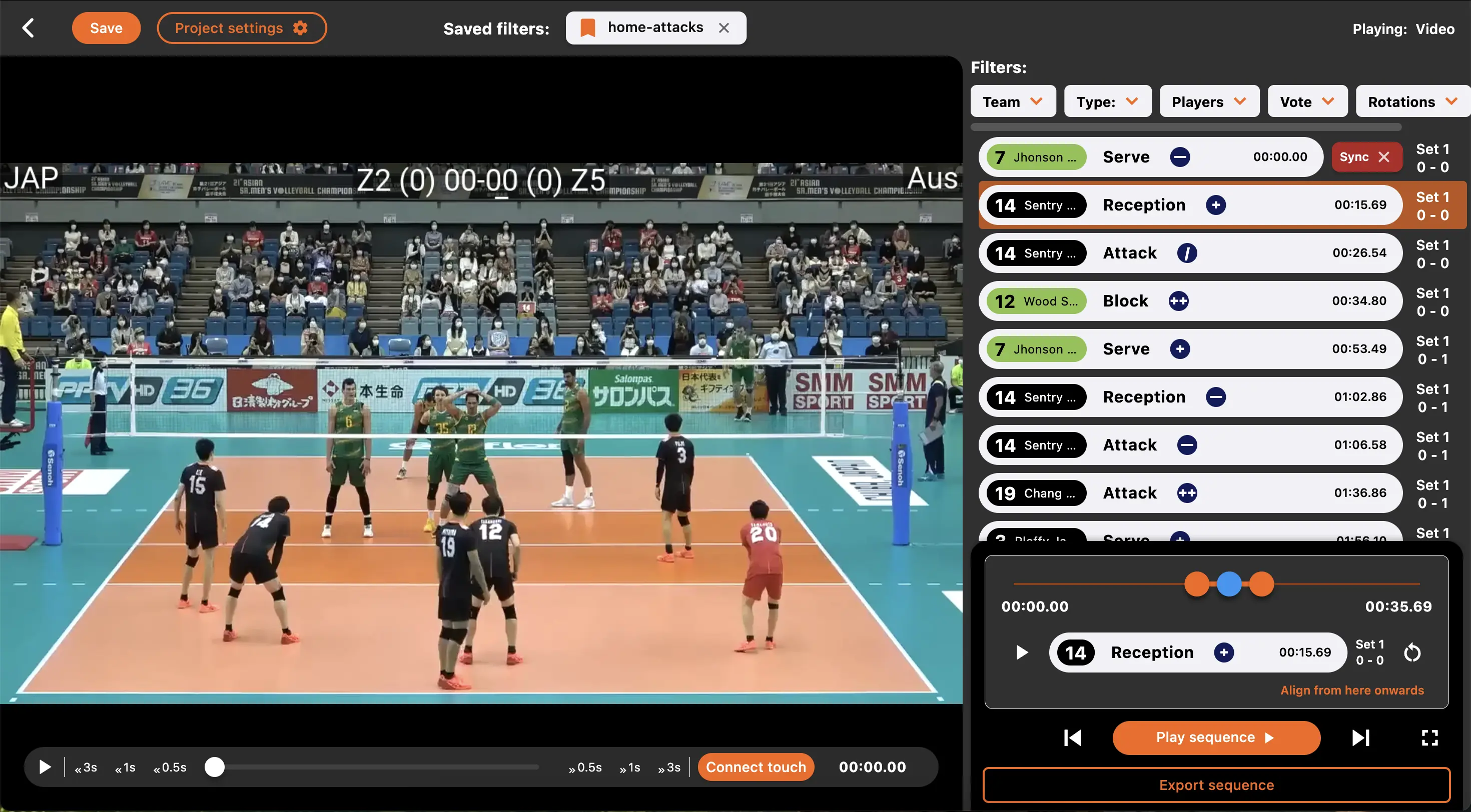 Volleyball Scout Video odtwarza akcję z meczu